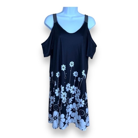 NEW MEDIUM BLACK WHITE FLORAL STRETCH DRESS CUTOUT SLEEVE VNECK - Picture 1 of 11